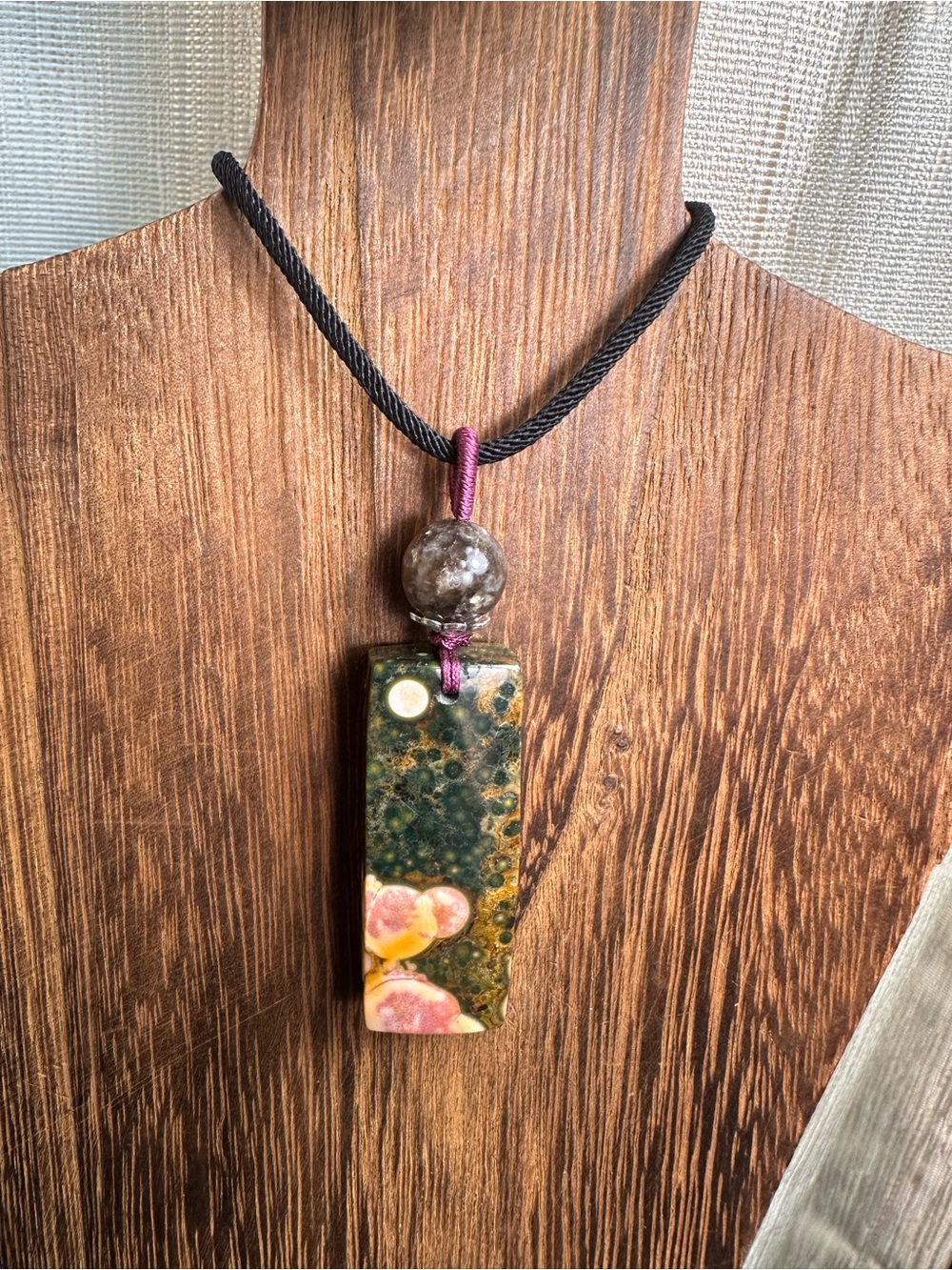 Handmade Green and Pink Ocean Jasper and Mica Pendant Necklace on Black Rope